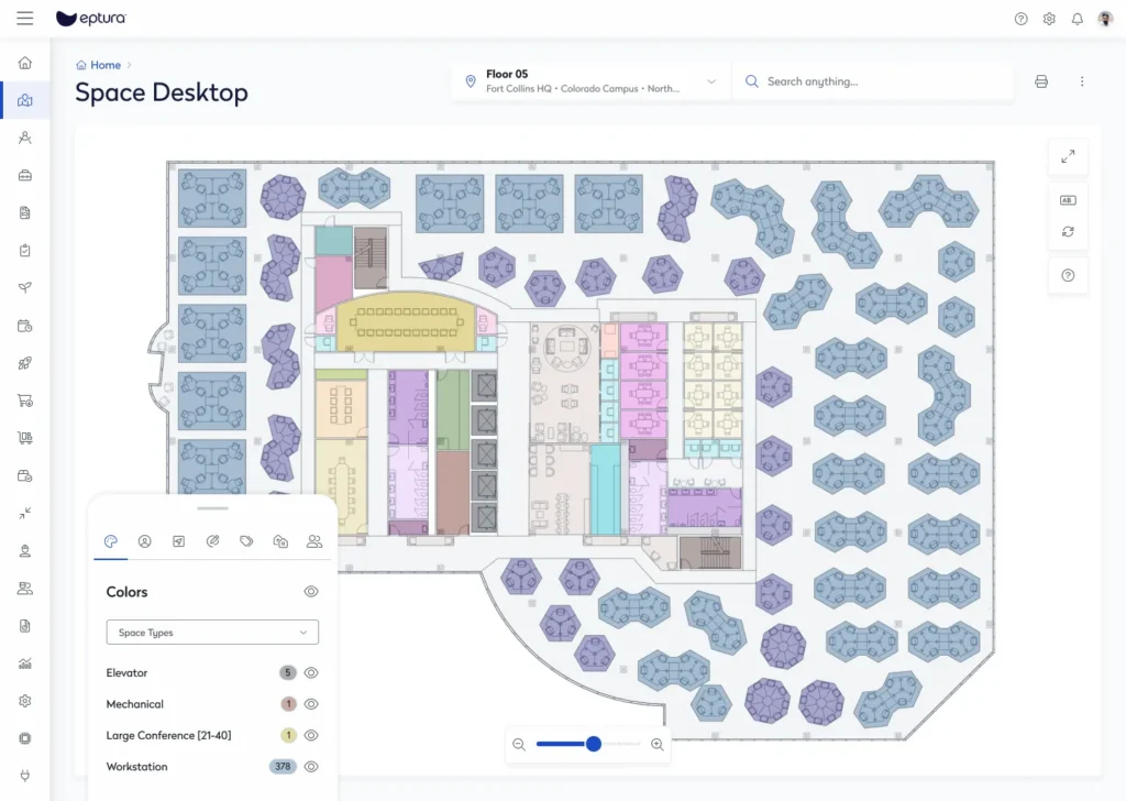 [Space Viewer - Space Types] Easily configure your workplace and allocate resources like desks, meeting rooms, and shared spaces to create a more modern and agile workplace.